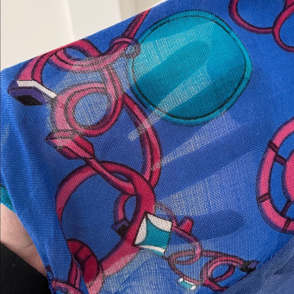 SCARF Blue Sheer Bias Cut Two Tone Blue Circles Pom Poms Ruffle Artsy Casual - Picture 8 of 12